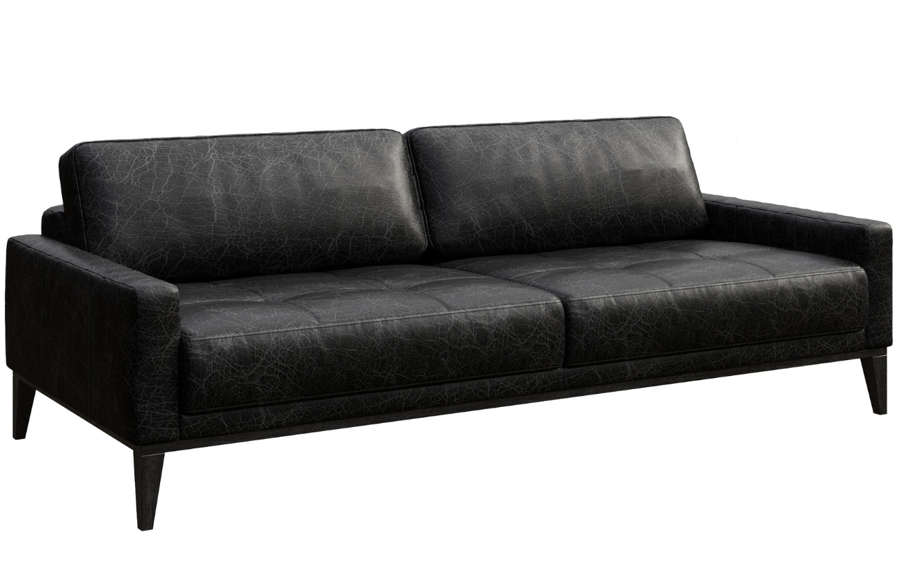 Černá vintage třímístná kožená pohovka MESONICA Musso Tufted 211 cm